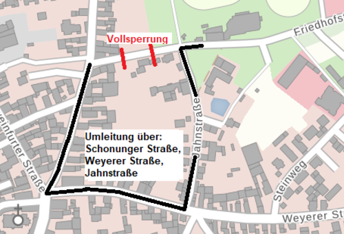 Umleitungsplan wegen Vollsperrung Friedhofstraße